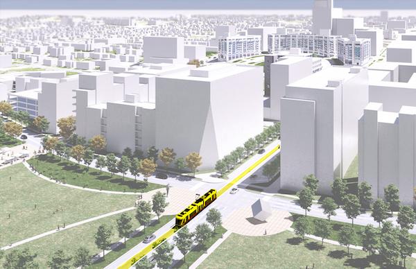 Rendering of future Omaha streetcar leaving downtown toward the Midtown area.